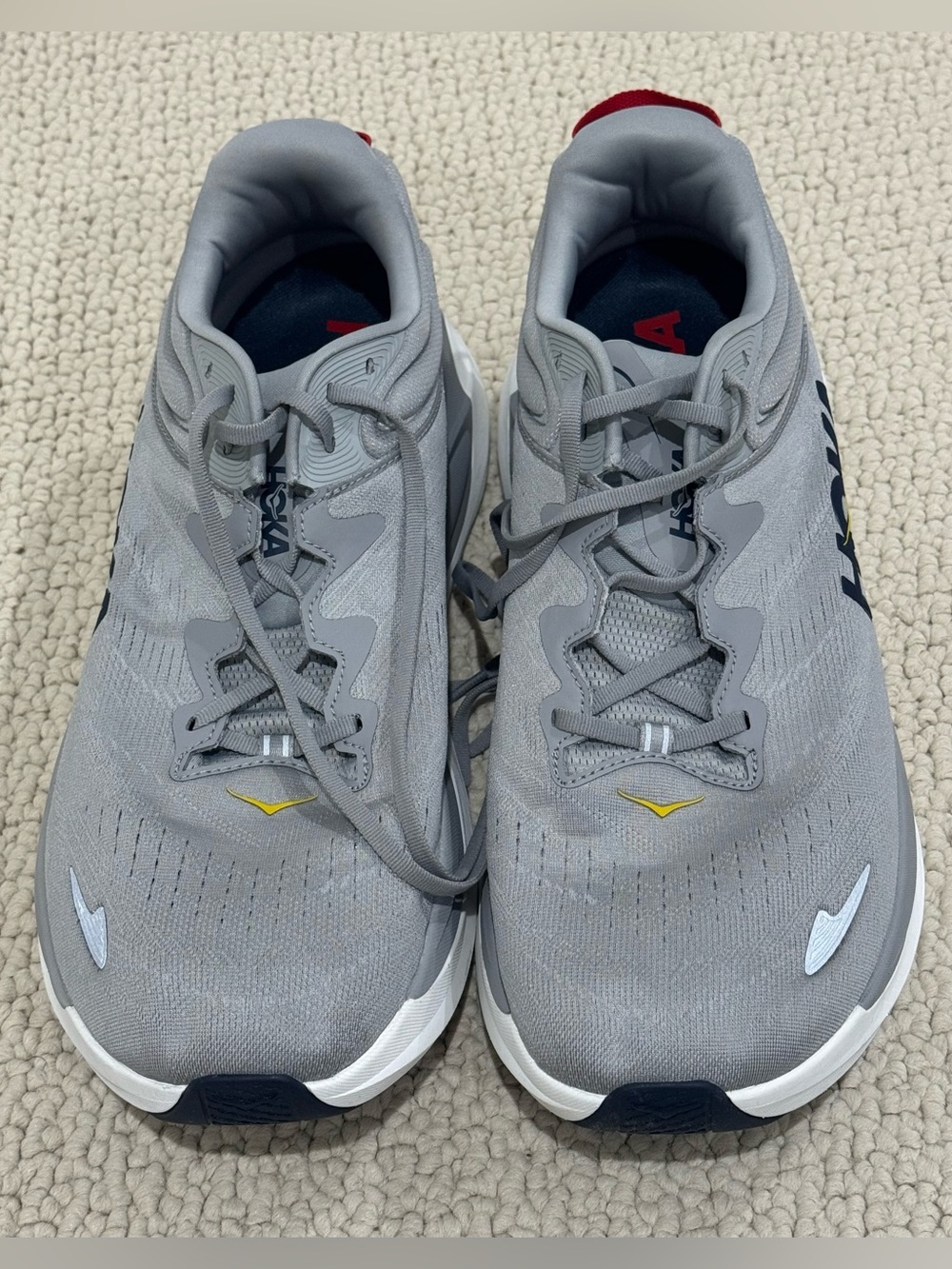 Hoka Men’s Light Gray Athletic Shoes with Navy & Yellow Accents